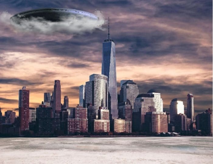 A depiction of a UFO emerging out of the clouds in New York