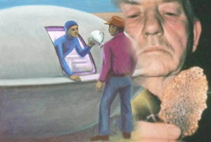 Depiction of the encounter blended into a picture of Joe Simonton 