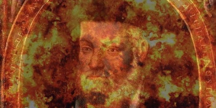 Picture of Nostradamus with superimposed explosion over the top