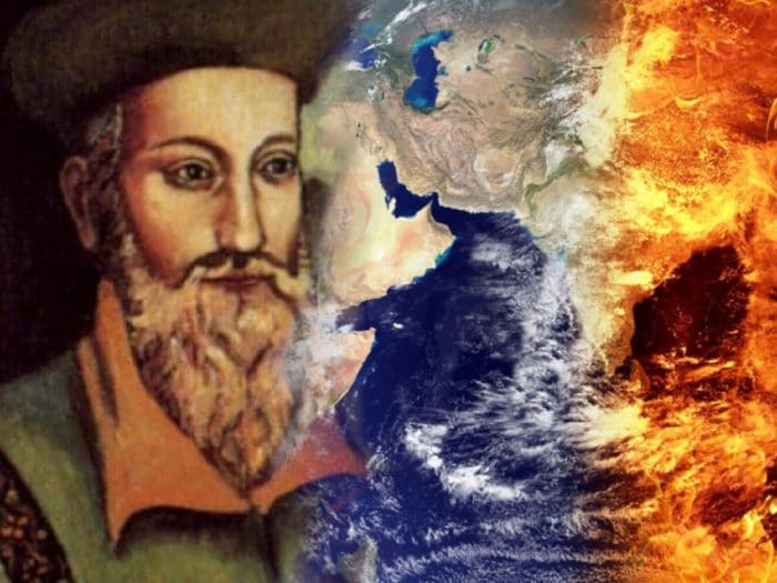 Picture of Nostradamus blended into a depiction of "end of the world"