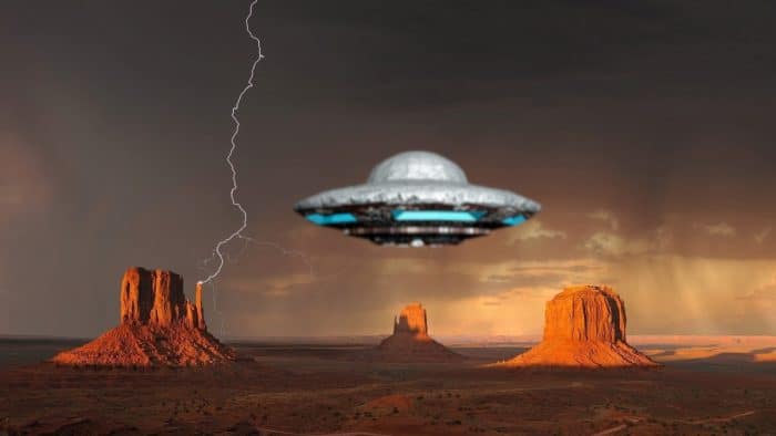 A depiction of a UFO in the desert