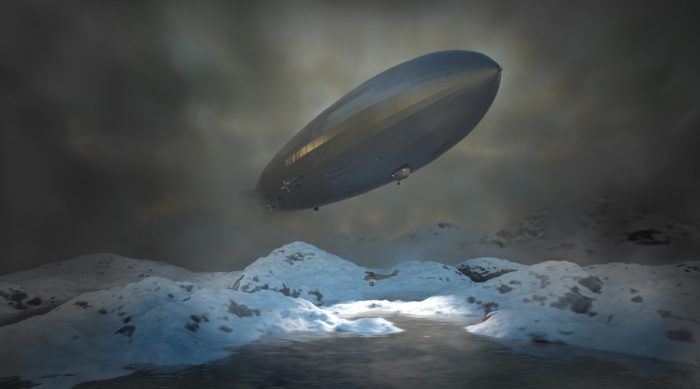 A depiction of an airship over the mountains