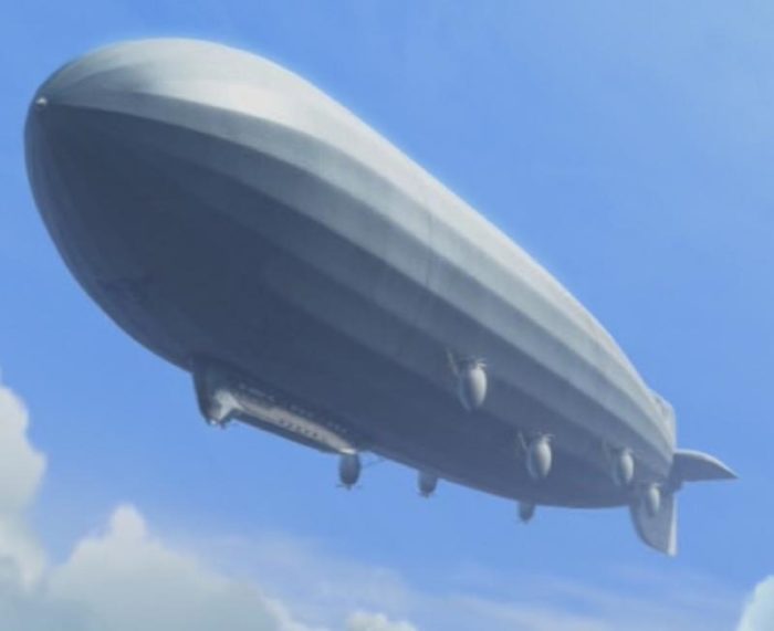 A depiction of an airship in a cloudy sky