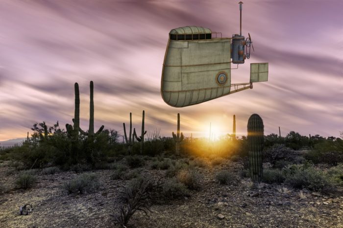 A depiction of an airship in the wild west 