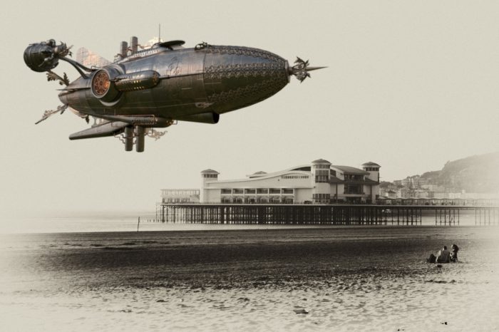 A superimposed airship of a 1900s seaside scene