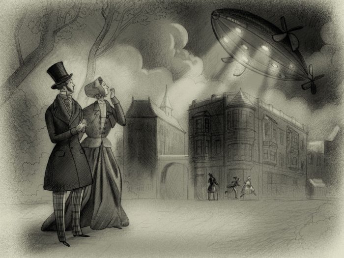 A depiction of one of the strange airships