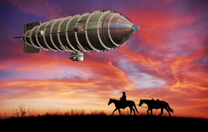 A depiction of an airship in the wild west