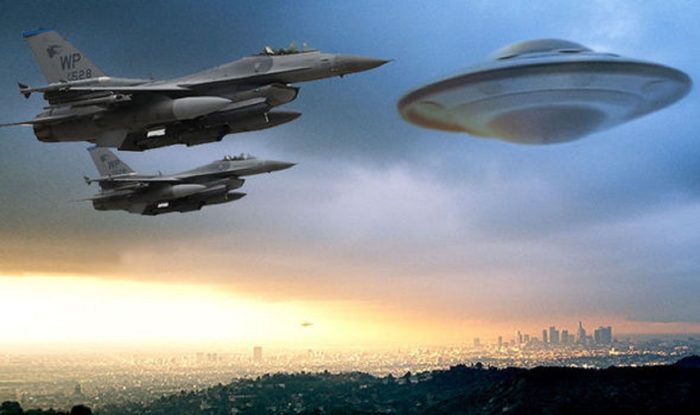 A depiction of two military jets and a UFO