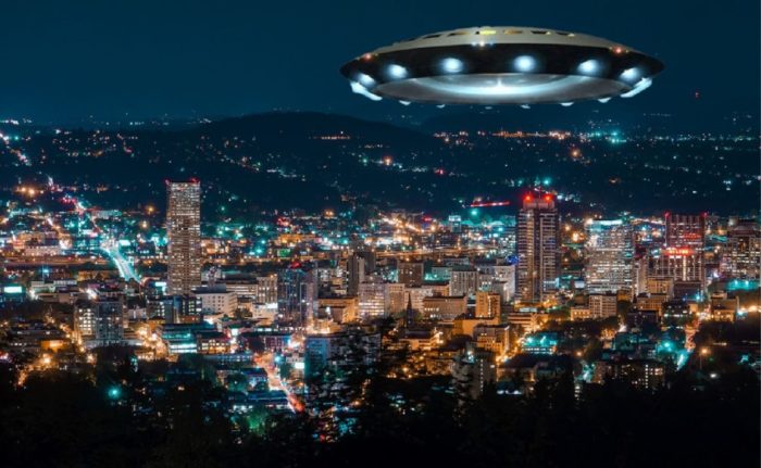 A superimposed UFO over a night scene 