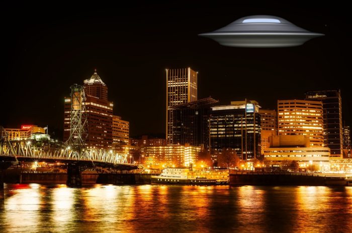 A superimposed UFO over Portland at night