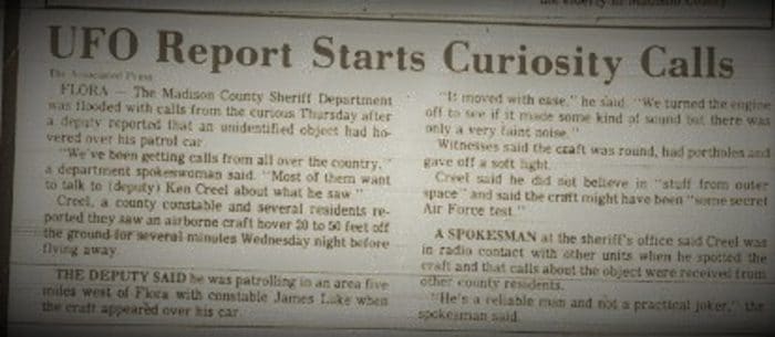 Newspaper clipping of the Flora UFO incident