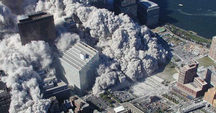 Moments after the collapse of the towers dust clouds spreading outwards