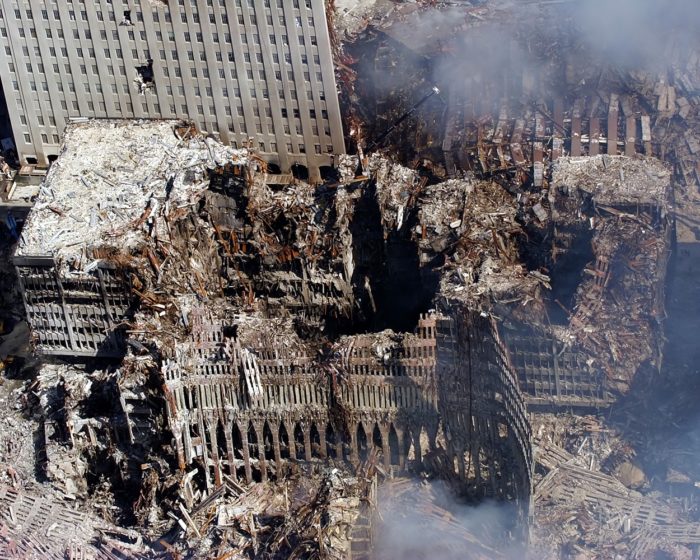 The rubble and ruins after the collapse of the Twin Towers