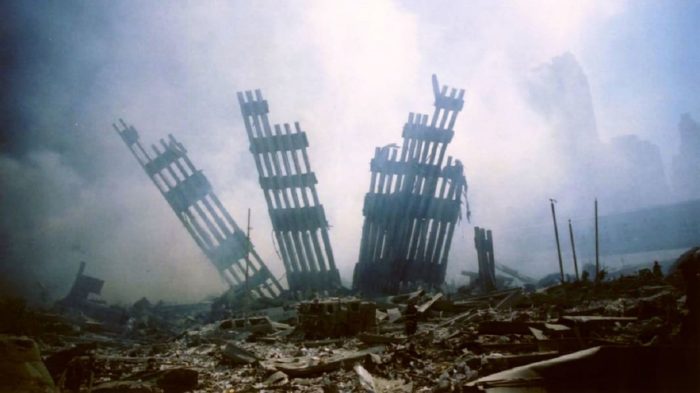 The remains of one of the Twin Towers from ground level