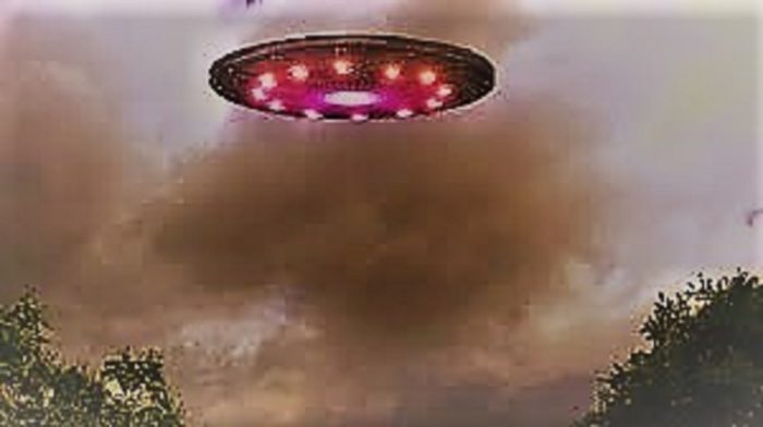 A depiction of a UFO in a cloudy sky