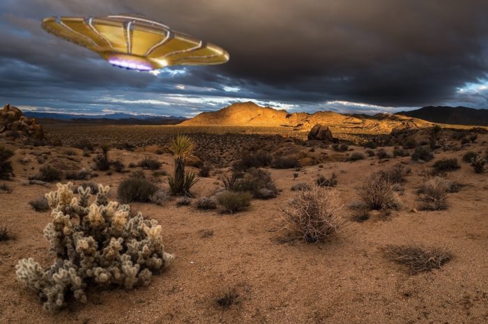 A superimposed UFO over a desert