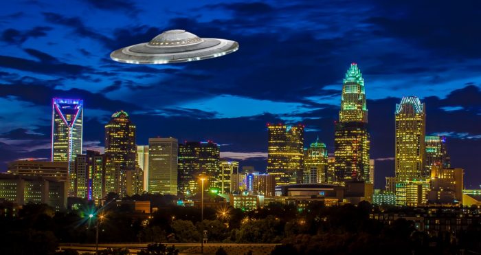 A superimposed UFO over a night shot of North Carolina