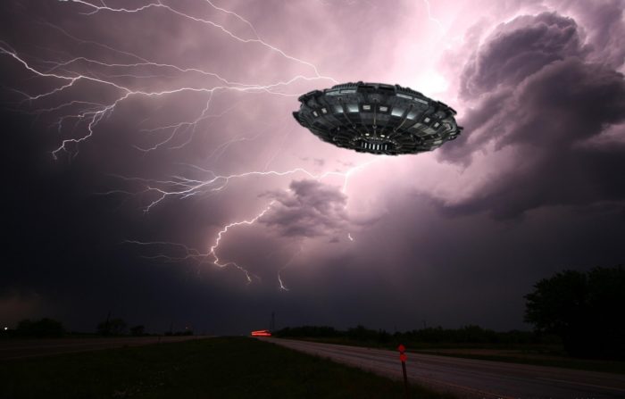 A depiction of a UFO in a lightning sky