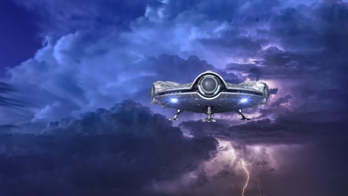 A superimposed UFO on a stormy sky 