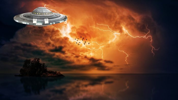 A depiction f a UFO in a stormy sky