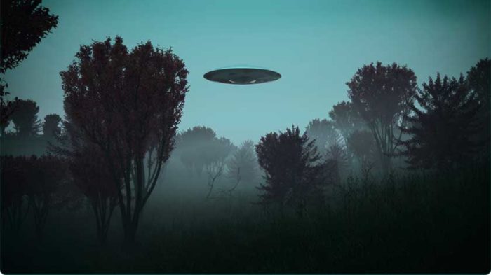 A depiction of a UFO hovering over a dark forest 