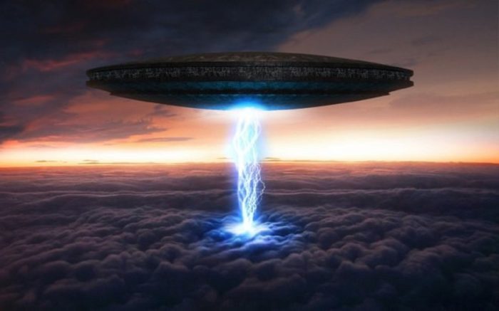 A depiction of a UFO hovering above the clouds