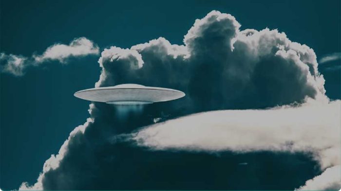 A depiction of a UFO in a cloudy sky