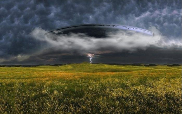 A superimposed UFO on a cloudy grey sky