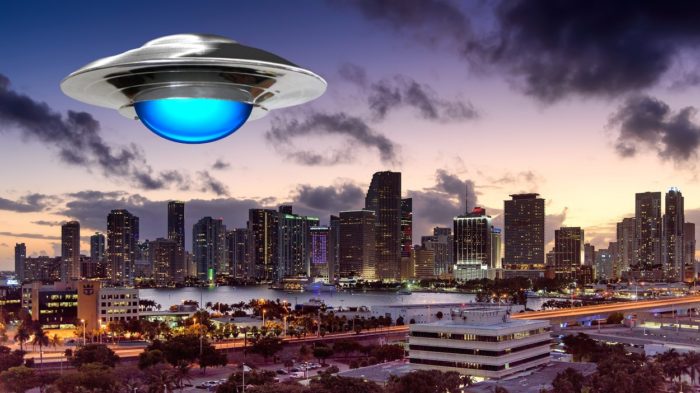 A depiction of a UFO of a Florida city