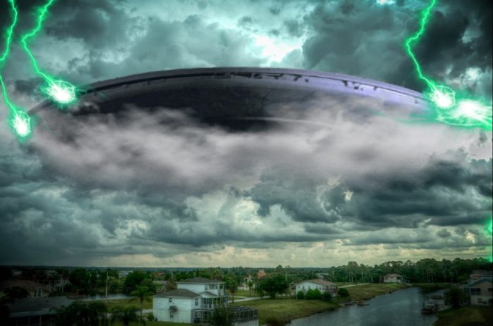 A depiction of a UFO emerging from the clouds over the Everglades