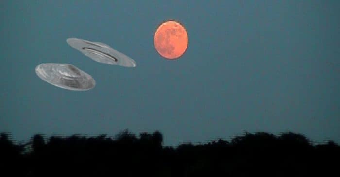 Two superimposed UFOs onto a picture of the Moon at early evening