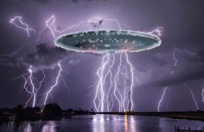 A superimposed UFO over water with a lightning sky