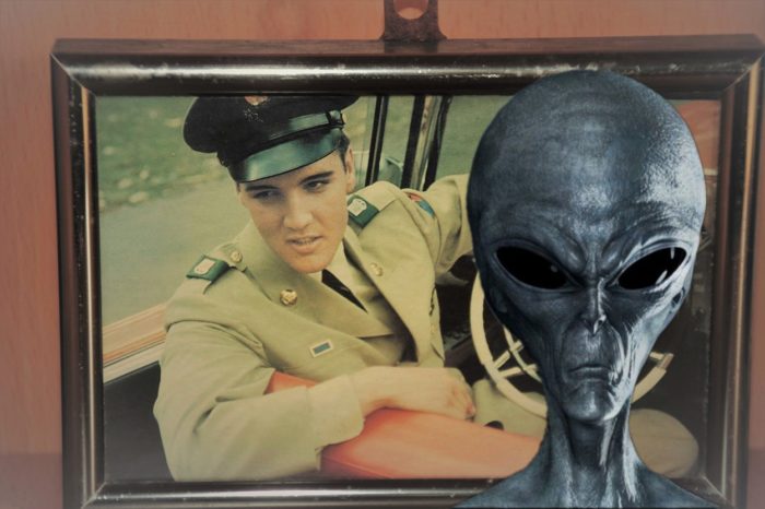 A picture of an alien entity superimposed over a picture of Elvis 