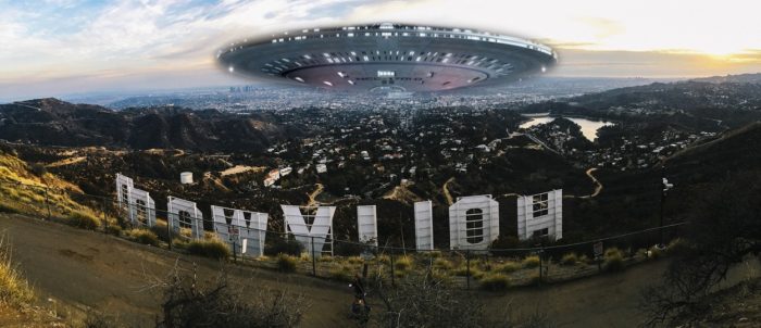 A superimposed UFO over the Hollywood sign