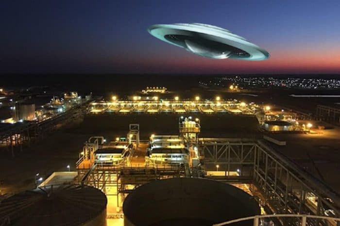 A depiction of a UFO over an Uranium mine