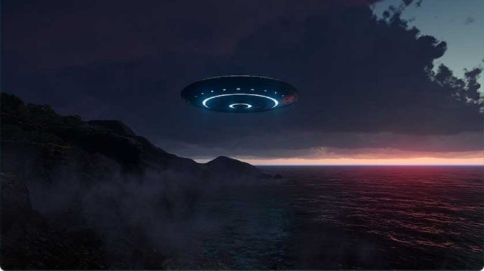 A depiction of a UFO over a lake at night