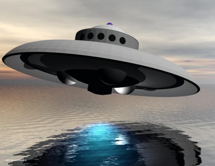 A depiction of a UFO flying over water