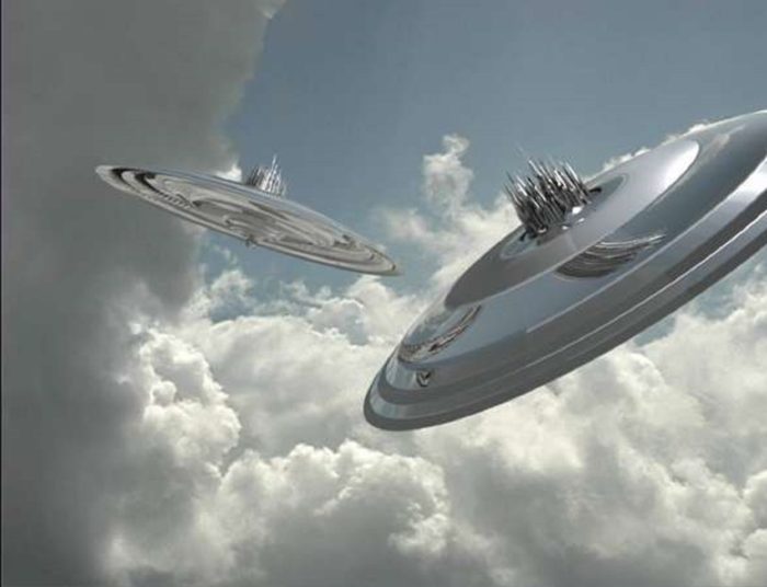 A depiction of two UFOs in a cloudy sky