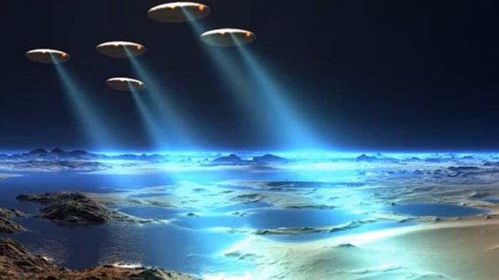 Depiction of a fleet of UFOs over the Earth