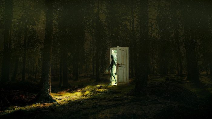 An image of an alien walking through a doorway