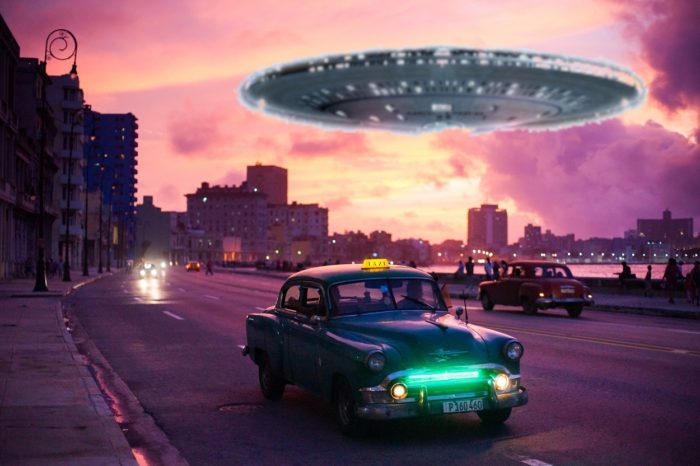 A superimposed UFO hovering over a Cuban city
