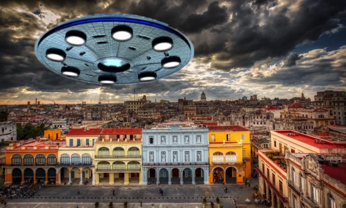 A superimposed UFO over a Cuban town