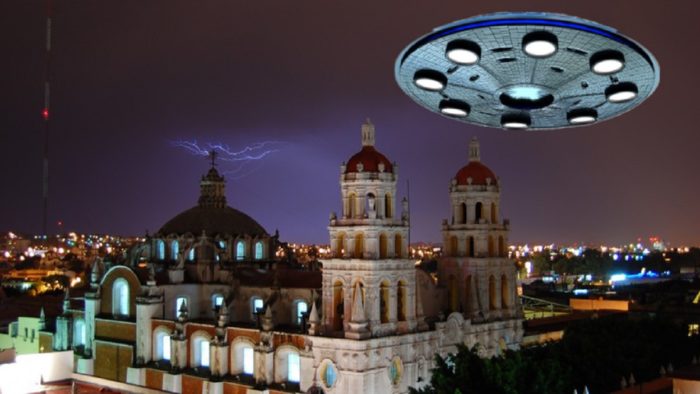 A superimposed UFO over a Mexican building