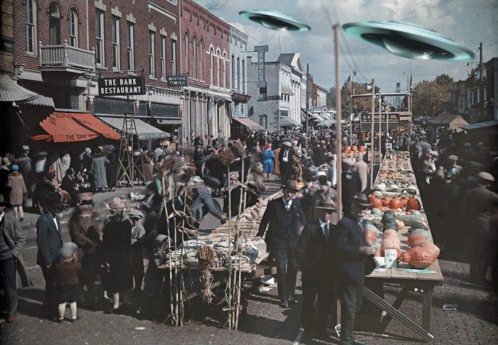 Superimposed UFOs over a typical 1920s street scene