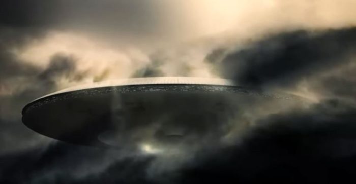 A depiction of a UFO emerging from clouds