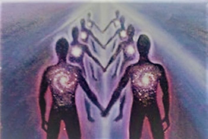 An image of angelic beings joining hands in a line