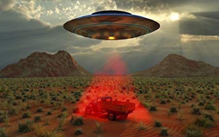 A depiction of a UFO with a truck in a red tractor beam