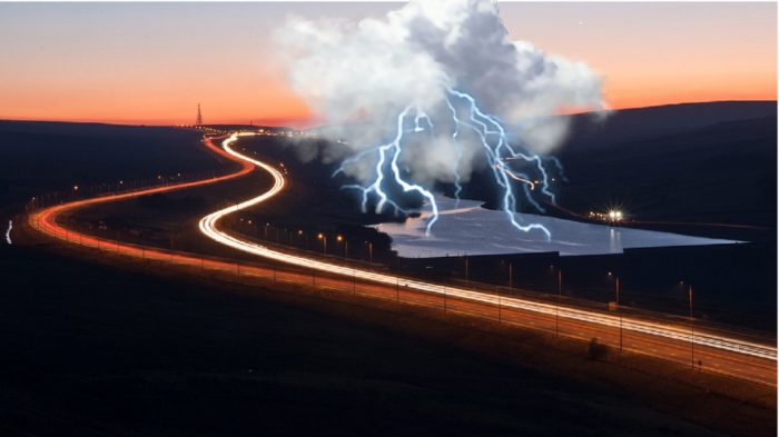 An image of a cloud-like portal opening above a river