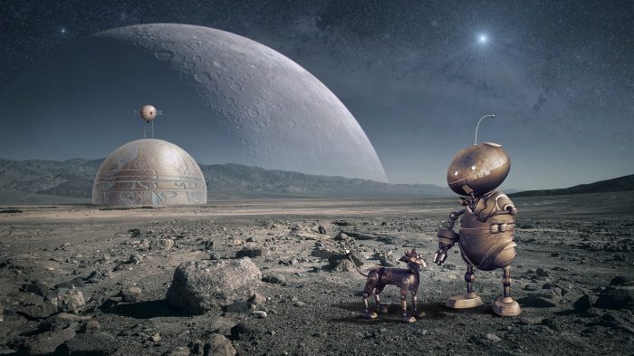 A depiction of a robotic alien on an alien world