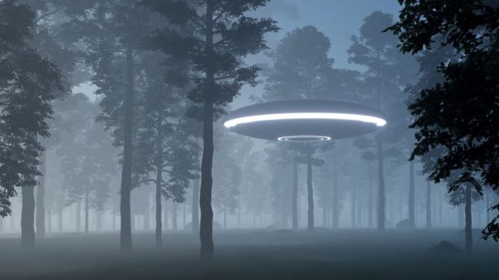 A depiction of a UFO landing in woodland 